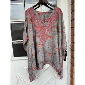 Sevya Handmade Silk Blend Embroidered Floral Kaftan Top Pink OSFM Boho Artsy